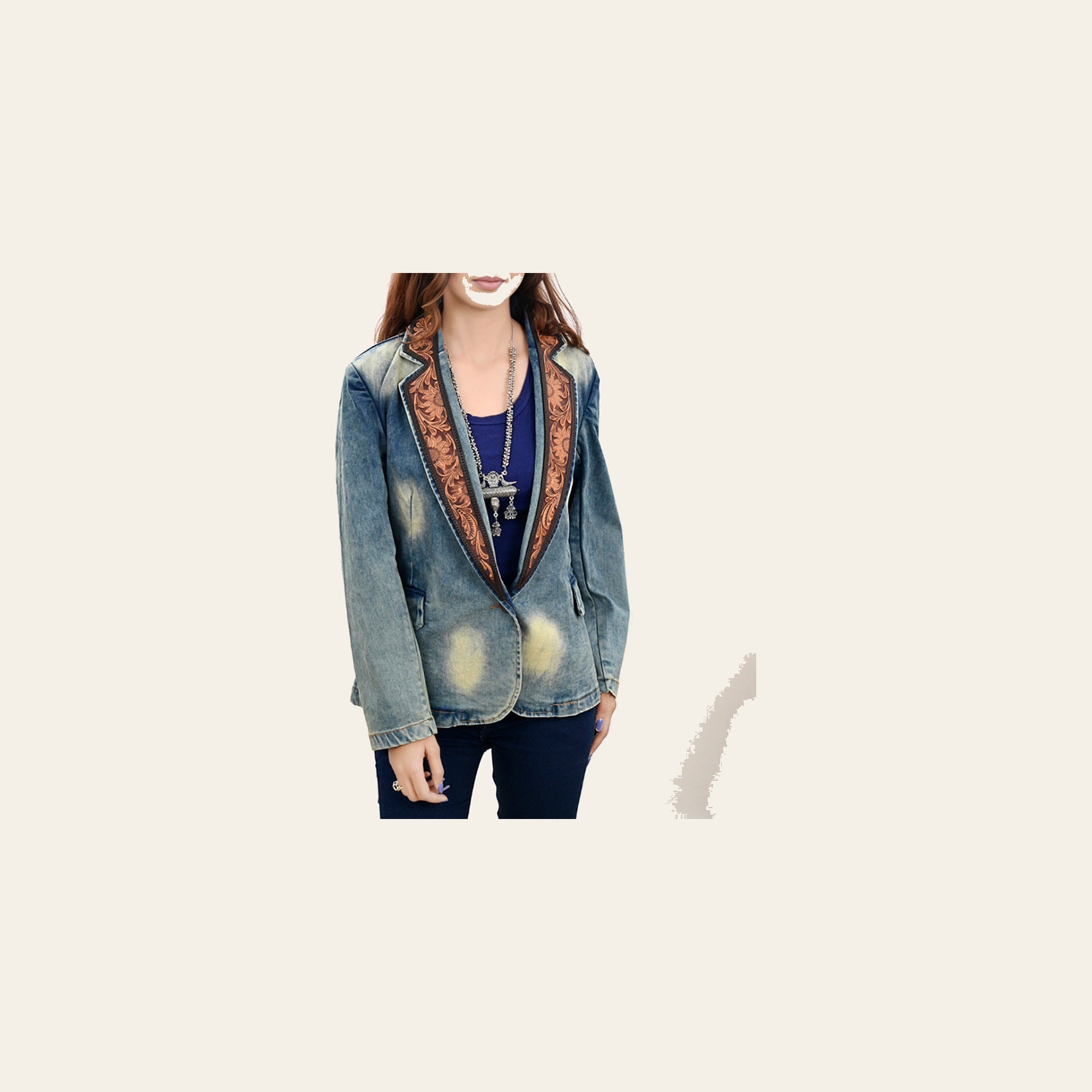 American Darling Genuine leather Hand tooled carved Women 100% cotton Denim Blazer dress jacket ladies |Vintage