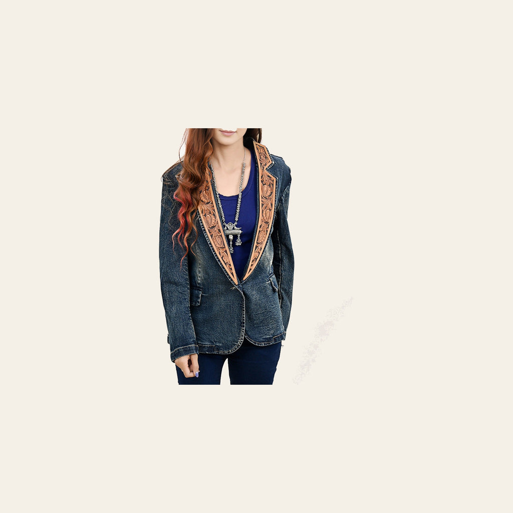 American Darling Genuine leather Hand tooled carved Women 100% cotton Denim Blazer dress jacket ladies |Vintage