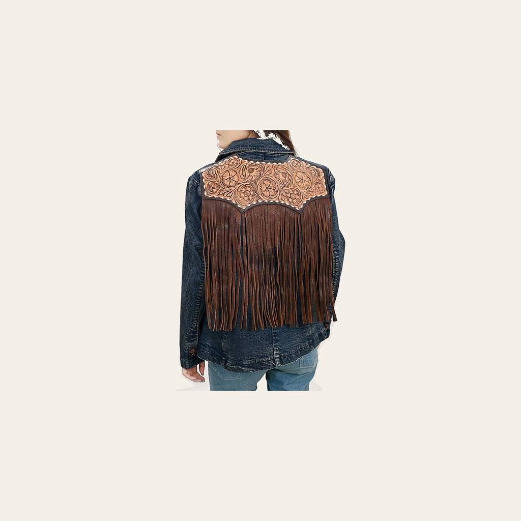 American Darling Genuine leather Hand tooled carved Women 100% cotton Denim Blazer dress jacket ladies |Vintage