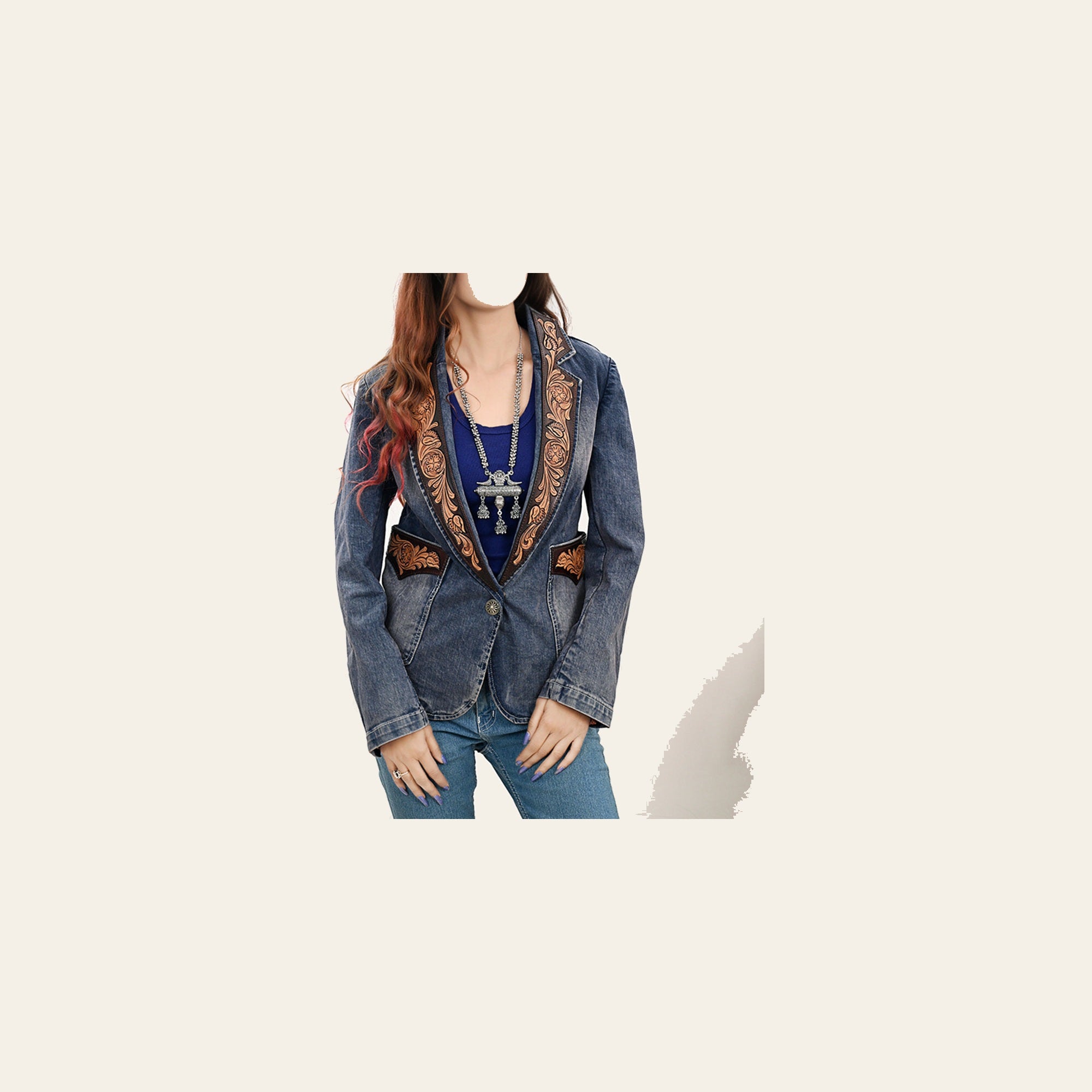 American Darling Genuine leather Hand tooled carved Women 100% cotton Denim Blazer dress jacket ladies |Vintage