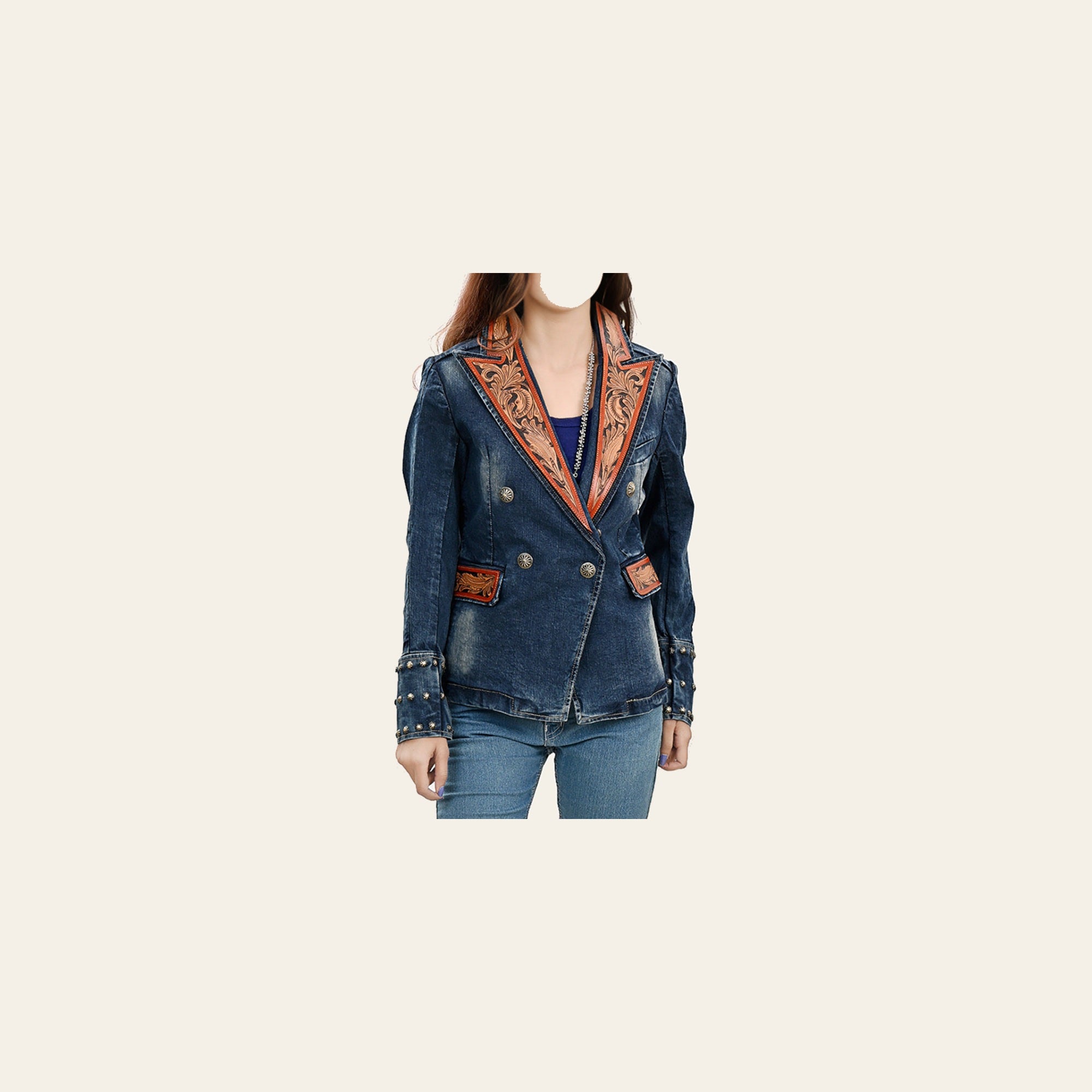 American Darling Genuine leather Hand tooled carved Women 100% cotton Denim Blazer dress jacket ladies |Vintage