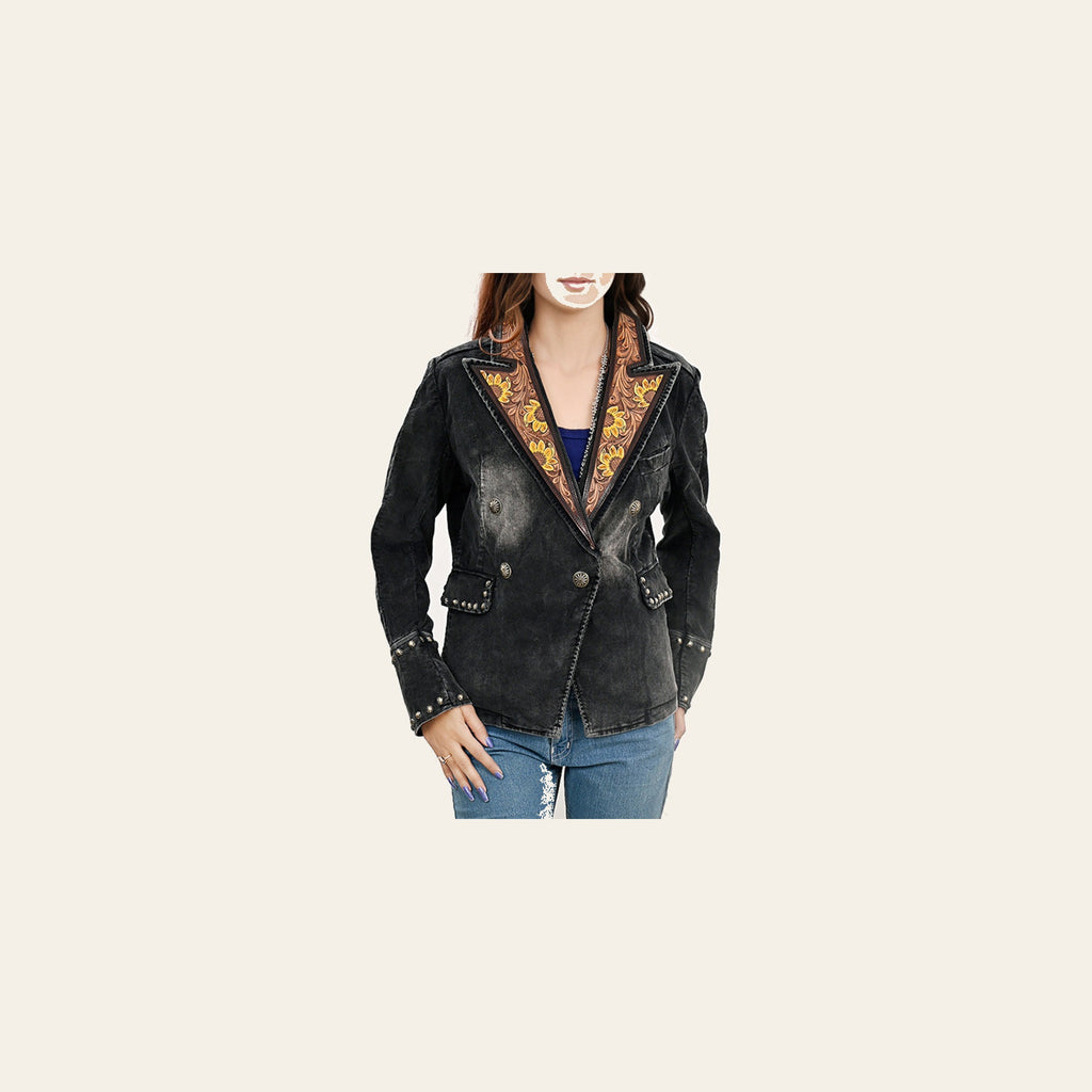 American Darling Genuine leather Hand tooled carved Women 100% cotton Denim Blazer dress jacket ladies | Vintage