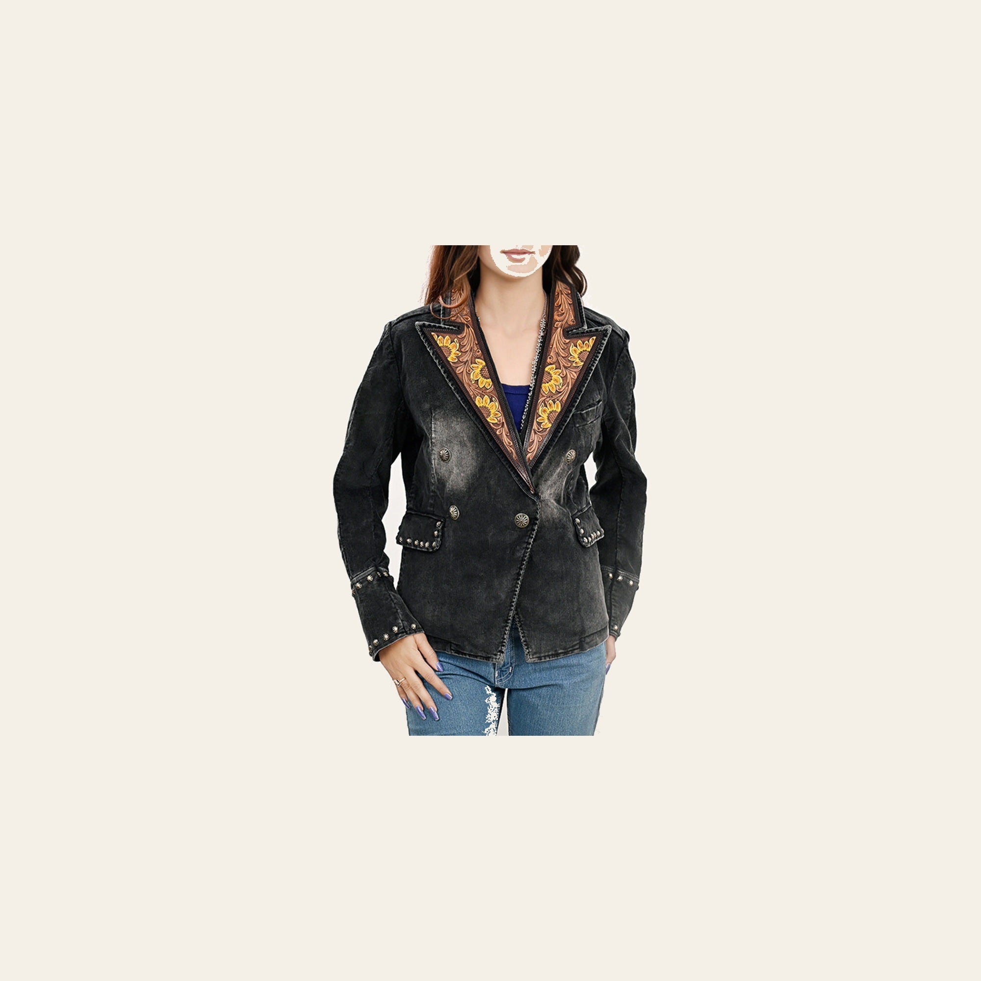 American Darling Genuine leather Hand tooled carved Women 100% cotton Denim Blazer dress jacket ladies | Vintage
