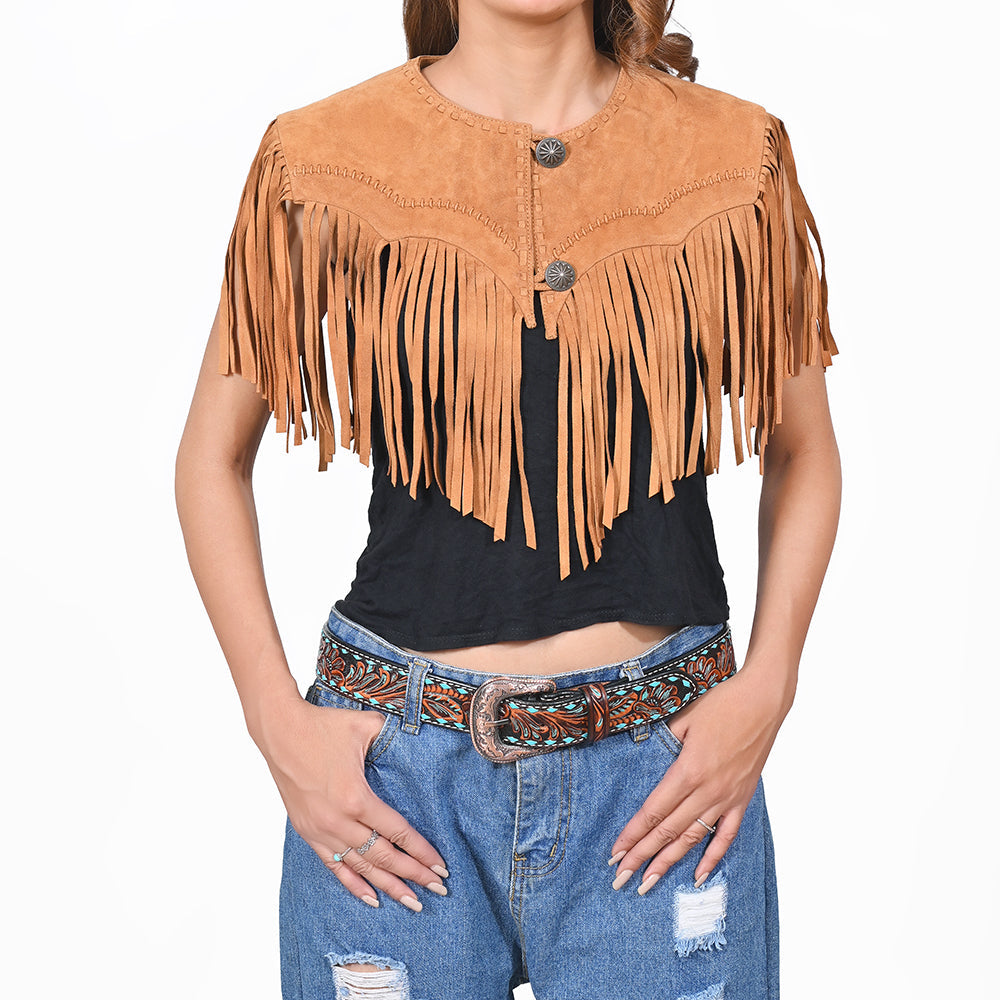 American Darling Women's Premium Tan Suede Leather Fringe Cape Western Vest Fashion Gift Travel