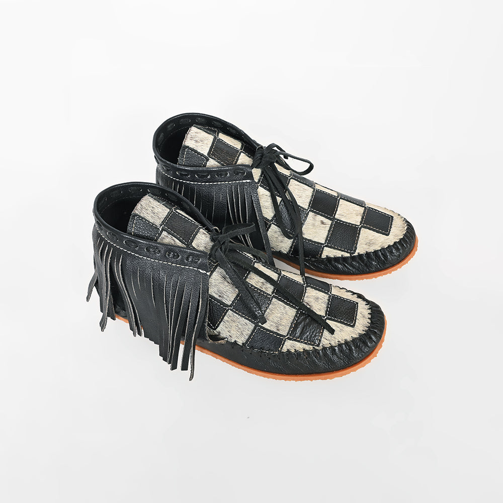 American Darling Checkerboard Hair-on-Hide Moc Moccasins – Western Fringe Leather Shoes