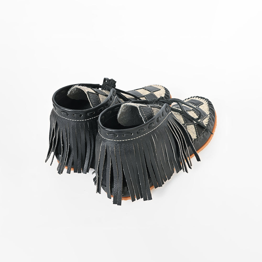 American Darling Checkerboard Hair-on-Hide Moc Moccasins – Western Fringe Leather Shoes