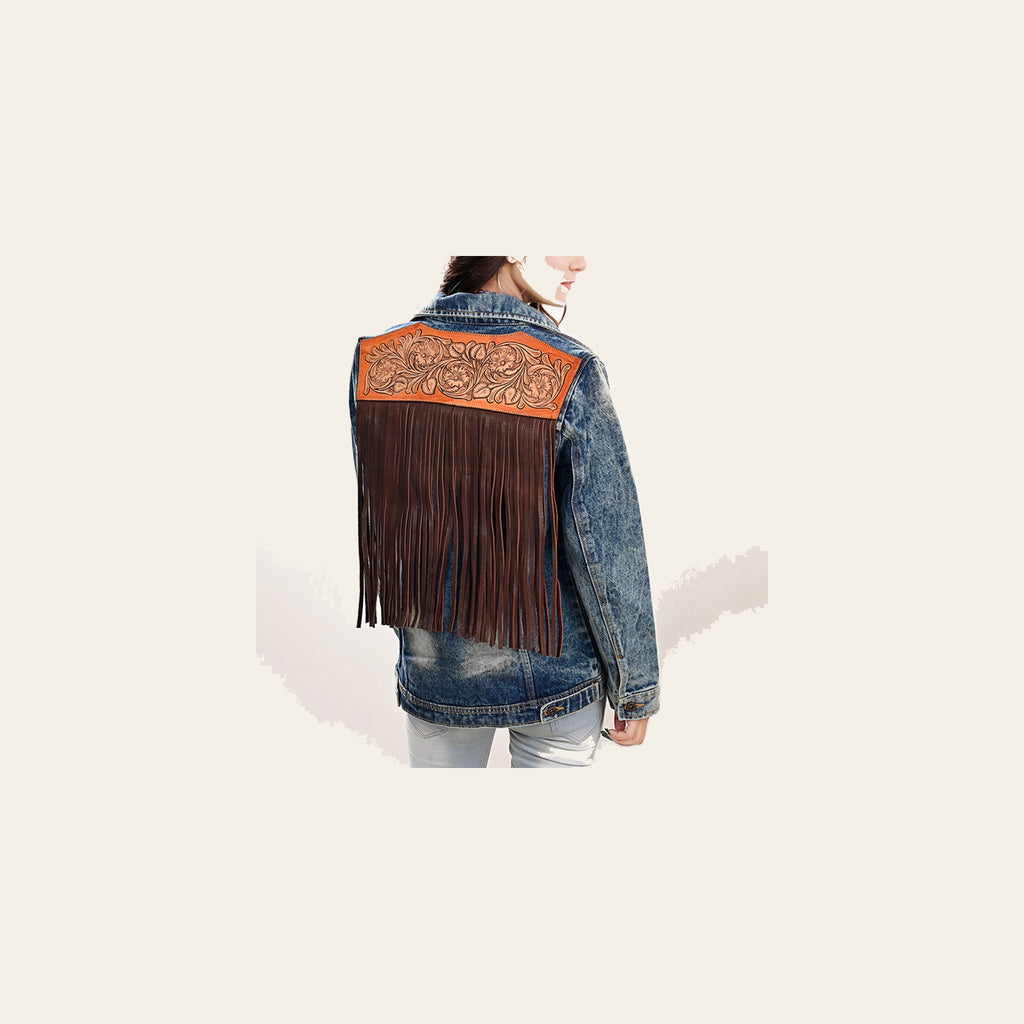 American Darling Genuine leather Hand tooled carved Women 100% cotton Denim jacket dress ladies girl | Shirt for