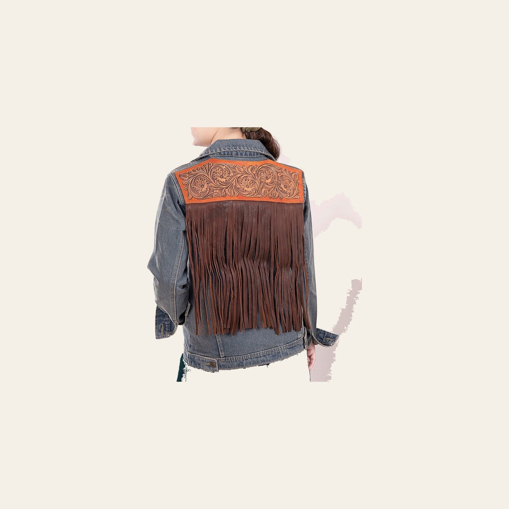 American Darling Genuine leather Hand tooled carved Women 100% cotton Denim jacket dress ladies girl | Shirt for