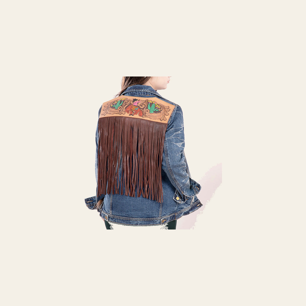 American Darling Genuine leather Hand tooled carved Women 100% cotton Denim jacket dress ladies girl | Shirt for