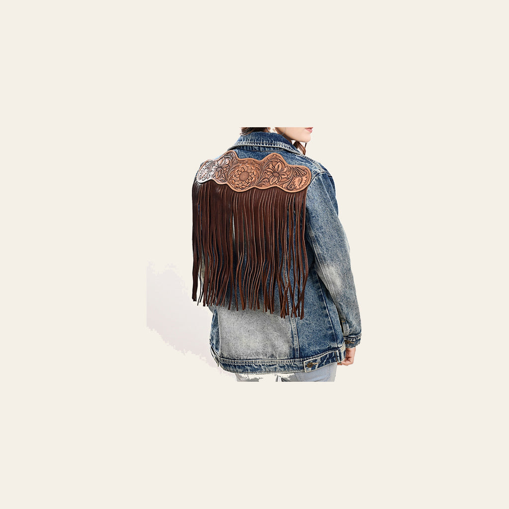American Darling Genuine leather Hand tooled carved Women 100% cotton Denim jacket dress ladies girl | Shirt for