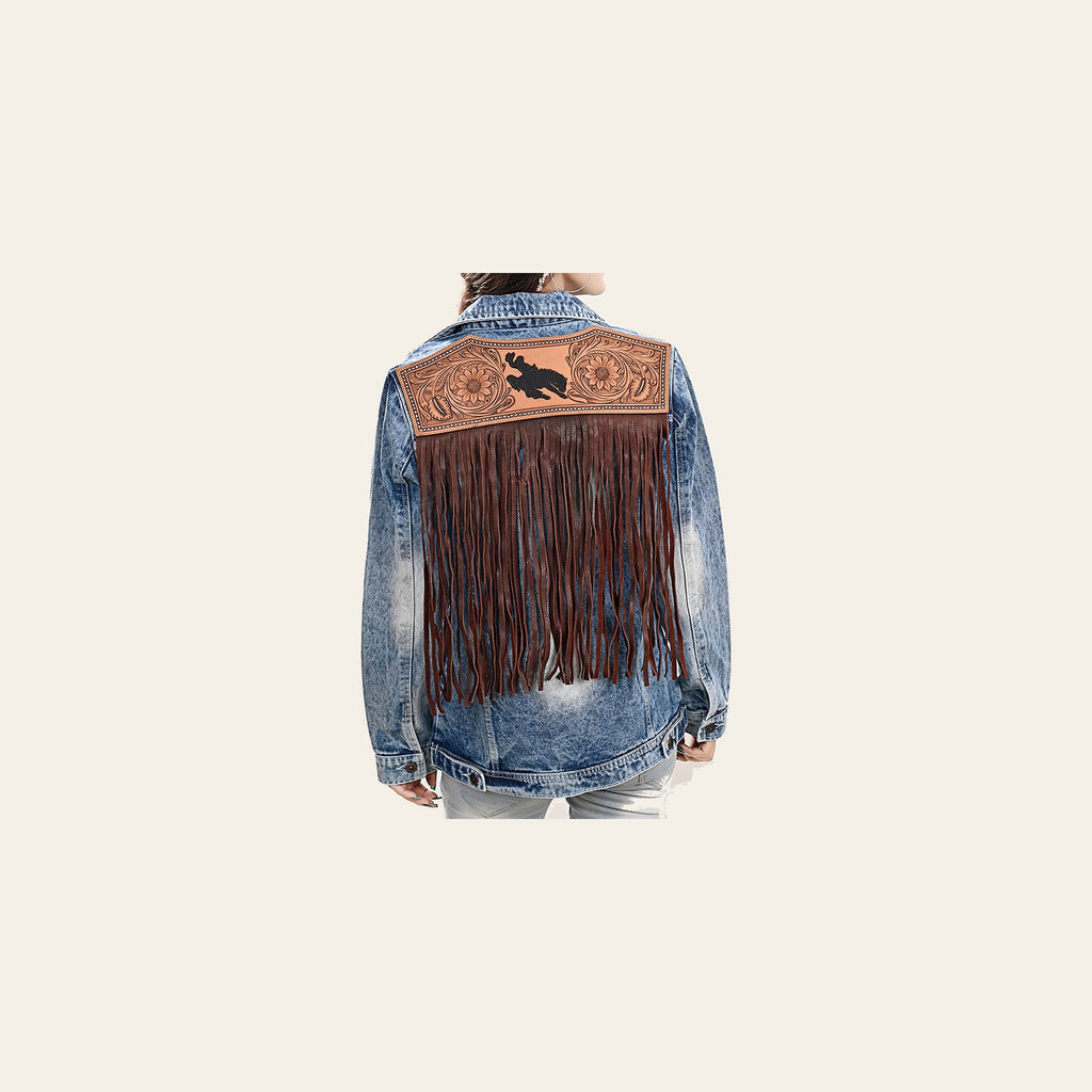 American Darling Genuine leather Hand tooled carved Women 100% cotton Denim jacket dress ladies girl | Shirt for