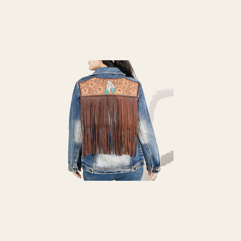 American Darling Genuine leather Hand tooled carved Women 100% cotton Denim jacket dress ladies girl | Shirt for