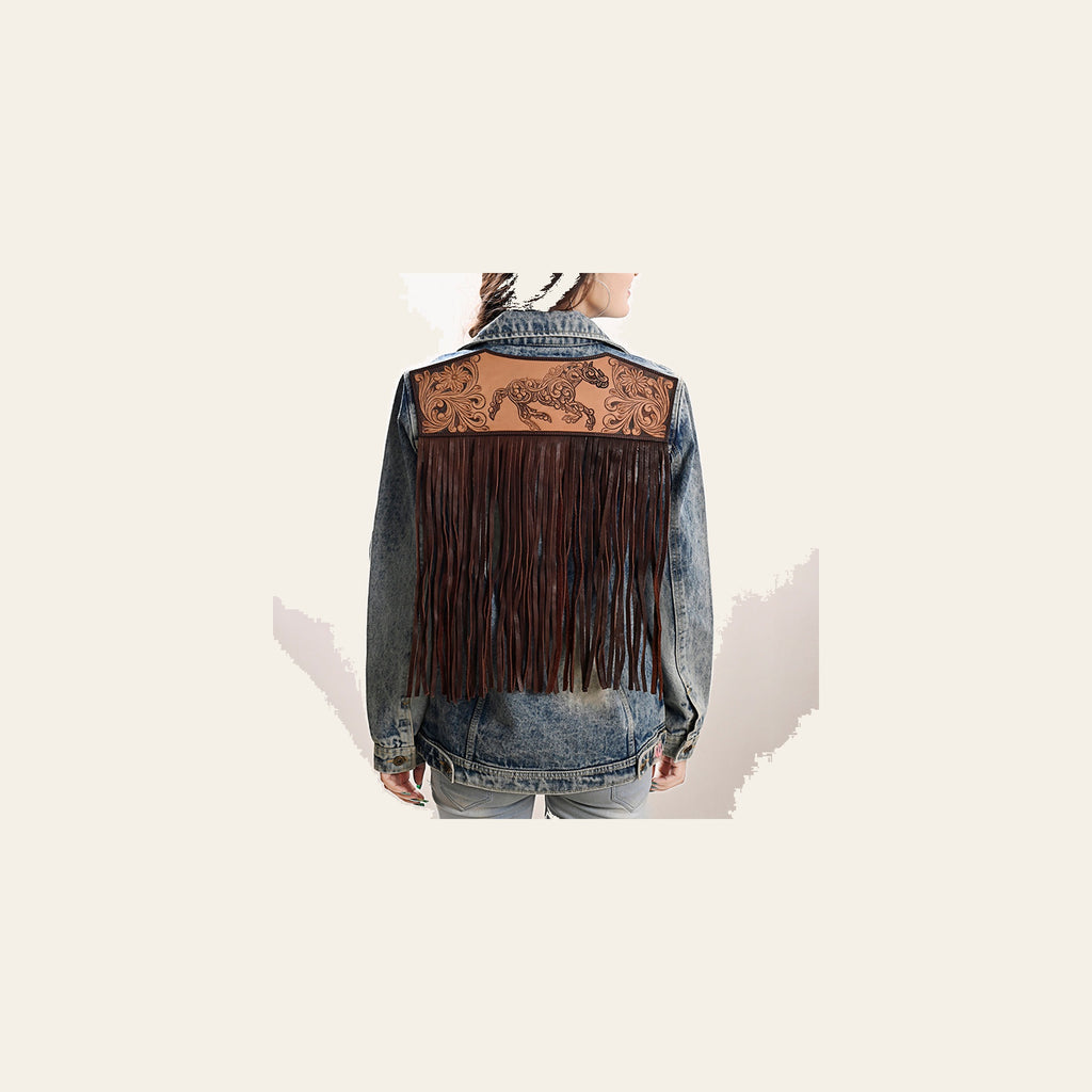 American Darling Genuine leather Hand tooled carved Women 100% cotton Denim jacket dress ladies girl | Shirt for