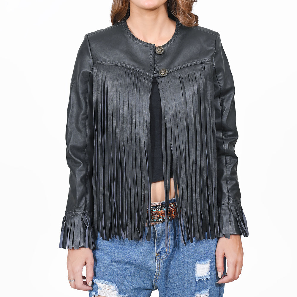 American Darling Women's Premium Black Leather Fringe Western Jacket