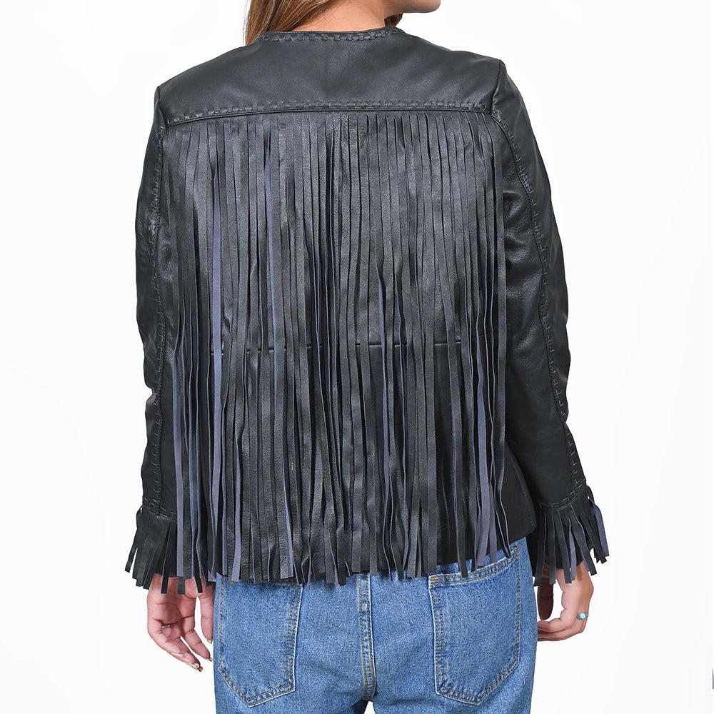 American Darling Women's Premium Black Leather Fringe Western Jacket