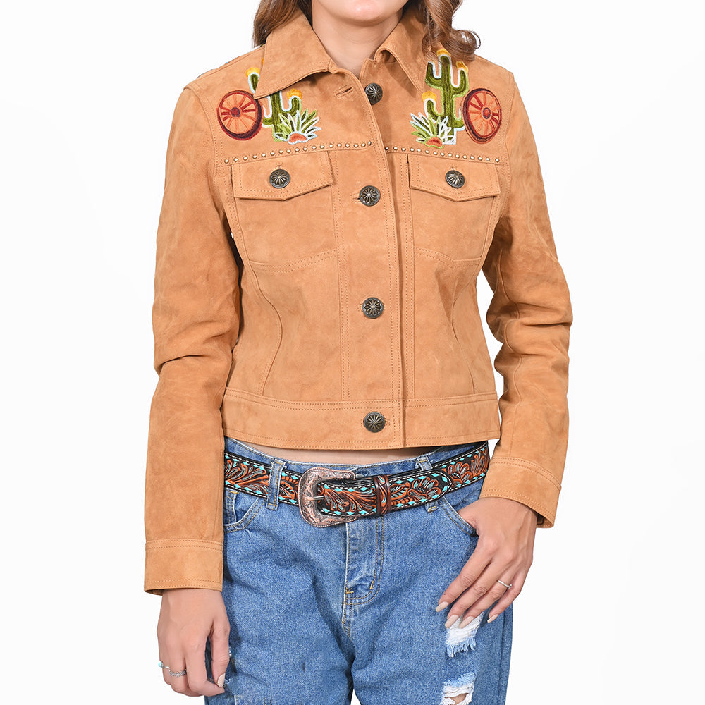 American Darling Women's Premium Tan Suede Leather Embroidered Cactus Western Jacket