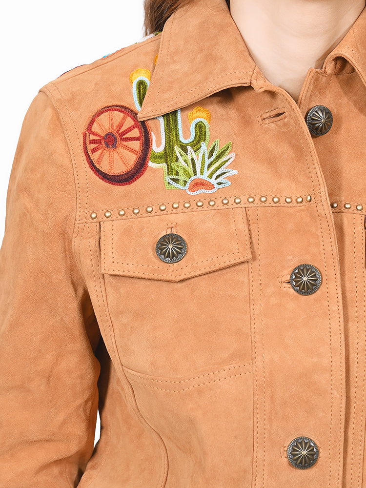 American Darling Women's Premium Tan Suede Leather Embroidered Cactus Western Jacket