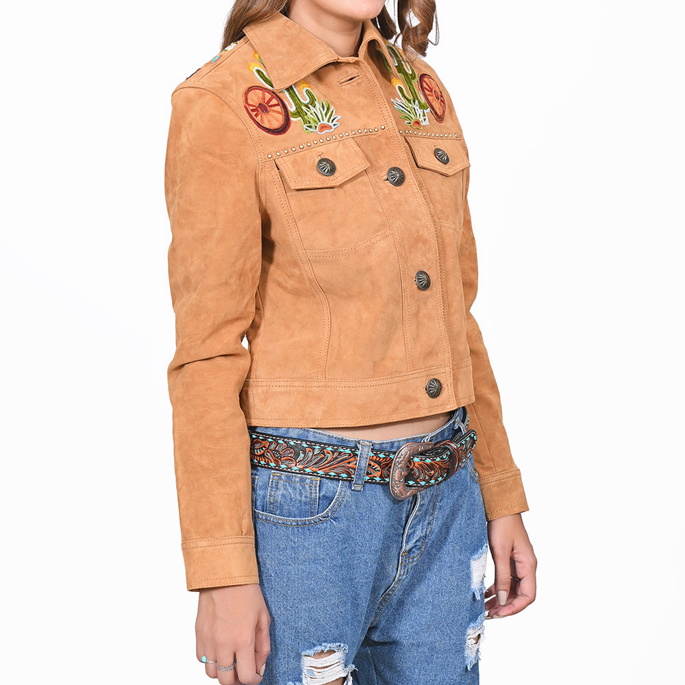 American Darling Women's Premium Tan Suede Leather Embroidered Cactus Western Jacket