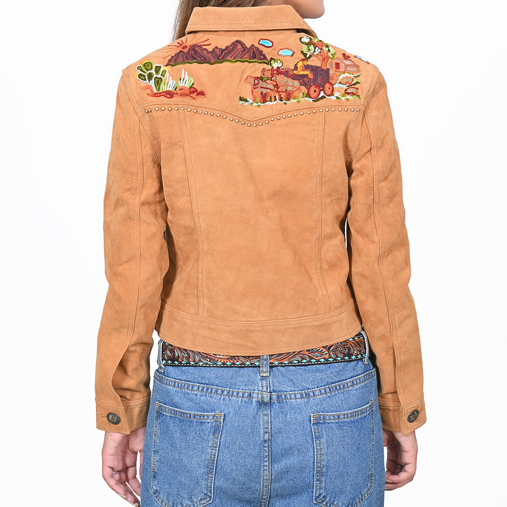 American Darling Women's Premium Tan Suede Leather Embroidered Cactus Western Jacket