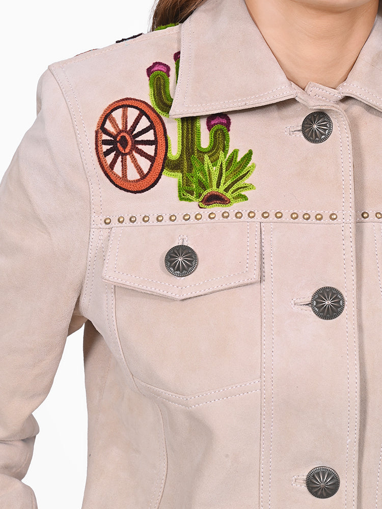 American Darling Women's Premium Off-White Suede Leather Embroidered Cactus Western Jacket