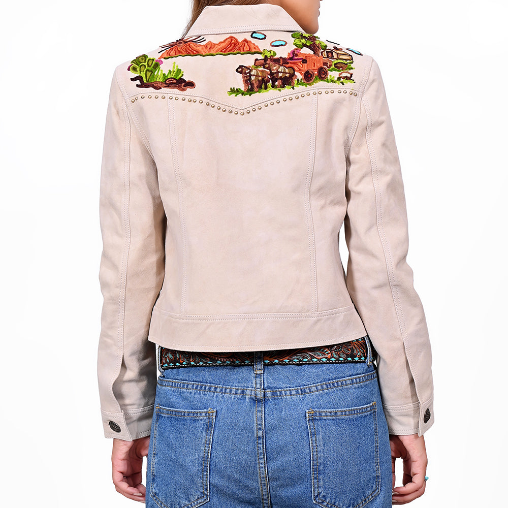 American Darling Women's Premium Off-White Suede Leather Embroidered Cactus Western Jacket