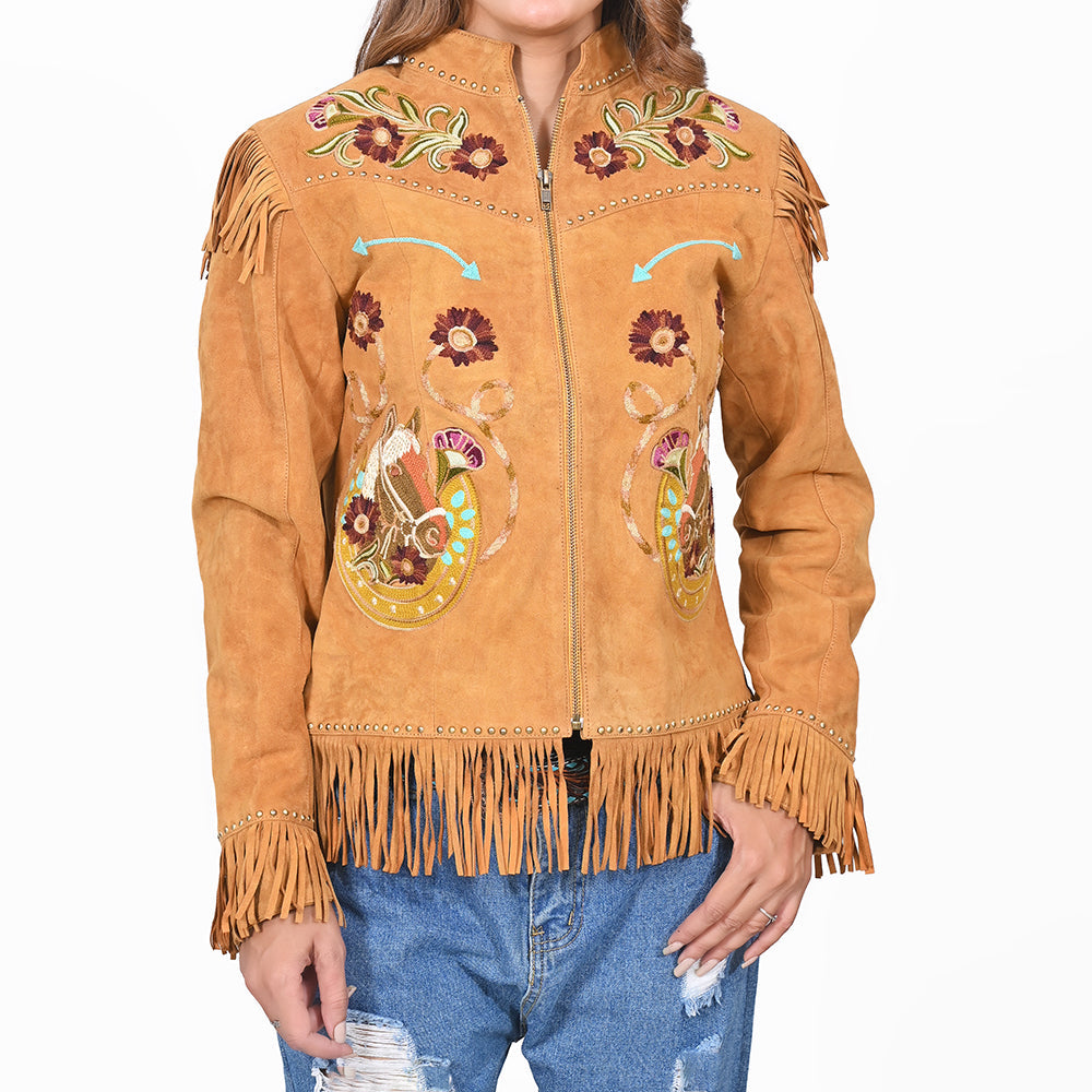 American Darling Women's Premium Tan Suede Leather Embroidered Horse Western Fringe Jacket