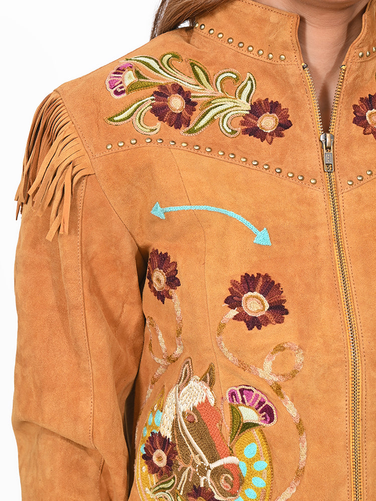 American Darling Women's Premium Tan Suede Leather Embroidered Horse Western Fringe Jacket
