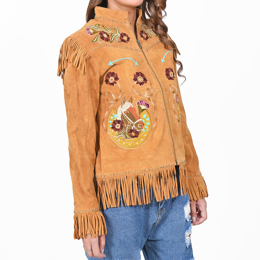 American Darling Women's Premium Tan Suede Leather Embroidered Horse Western Fringe Jacket