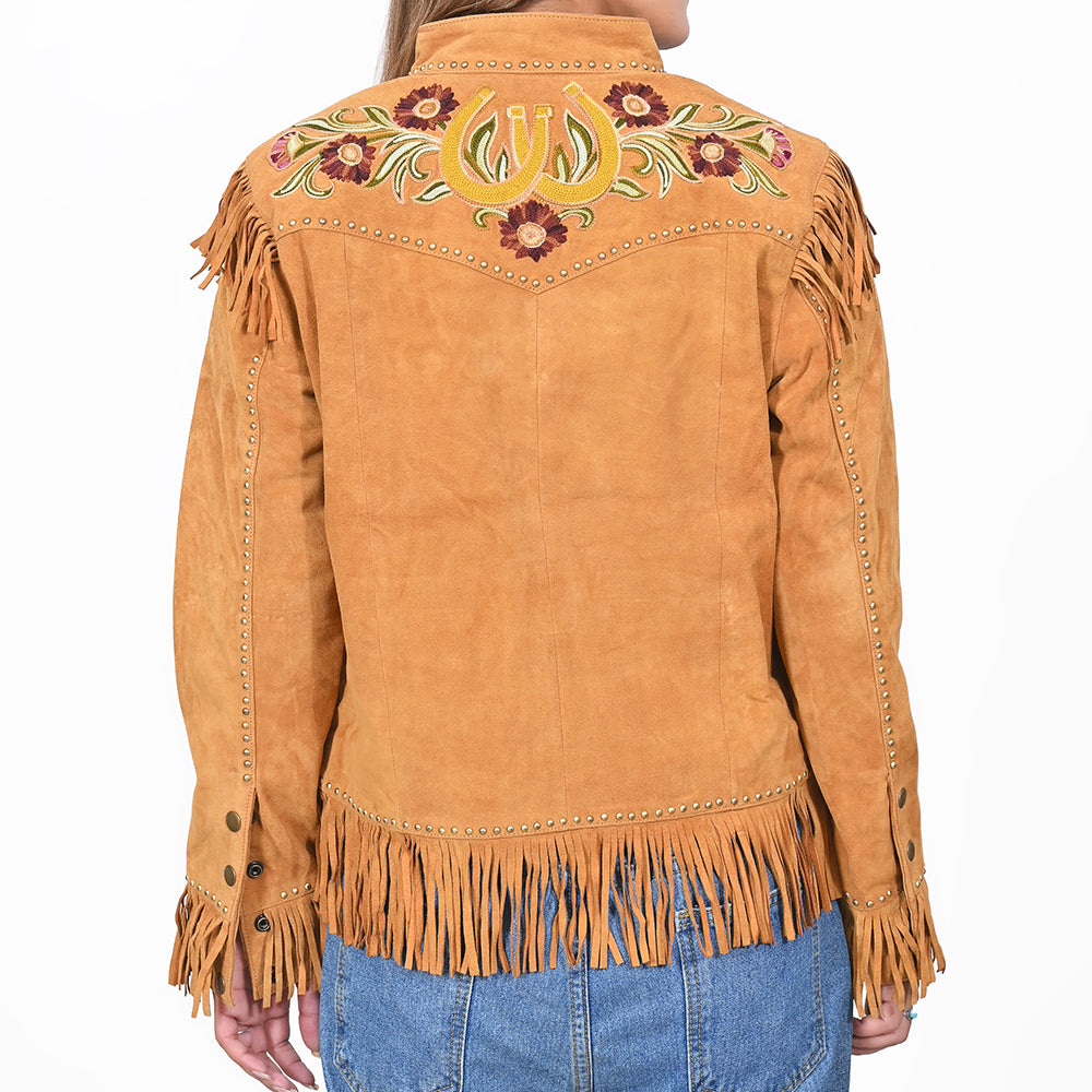 American Darling Women's Premium Tan Suede Leather Embroidered Horse Western Fringe Jacket