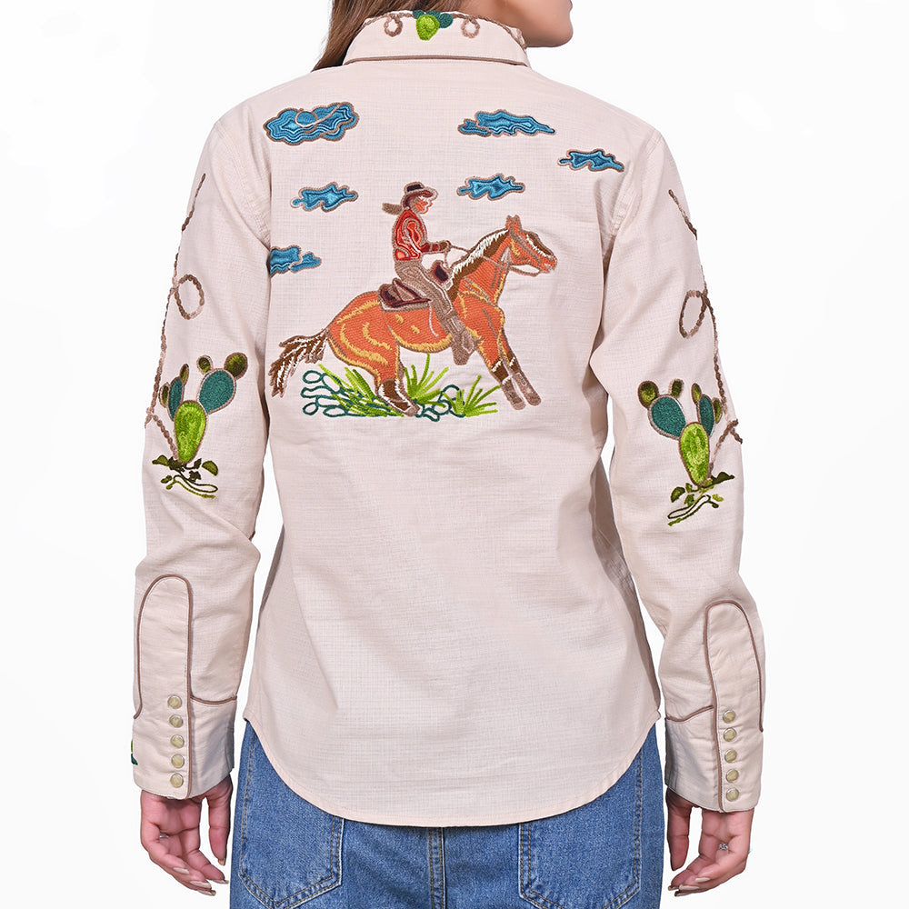 American Darling Western Apparel for Women Light Beige Cotton Linen Shirt with Hand-Stitched Wagon Wheel & Cactus Embroidery