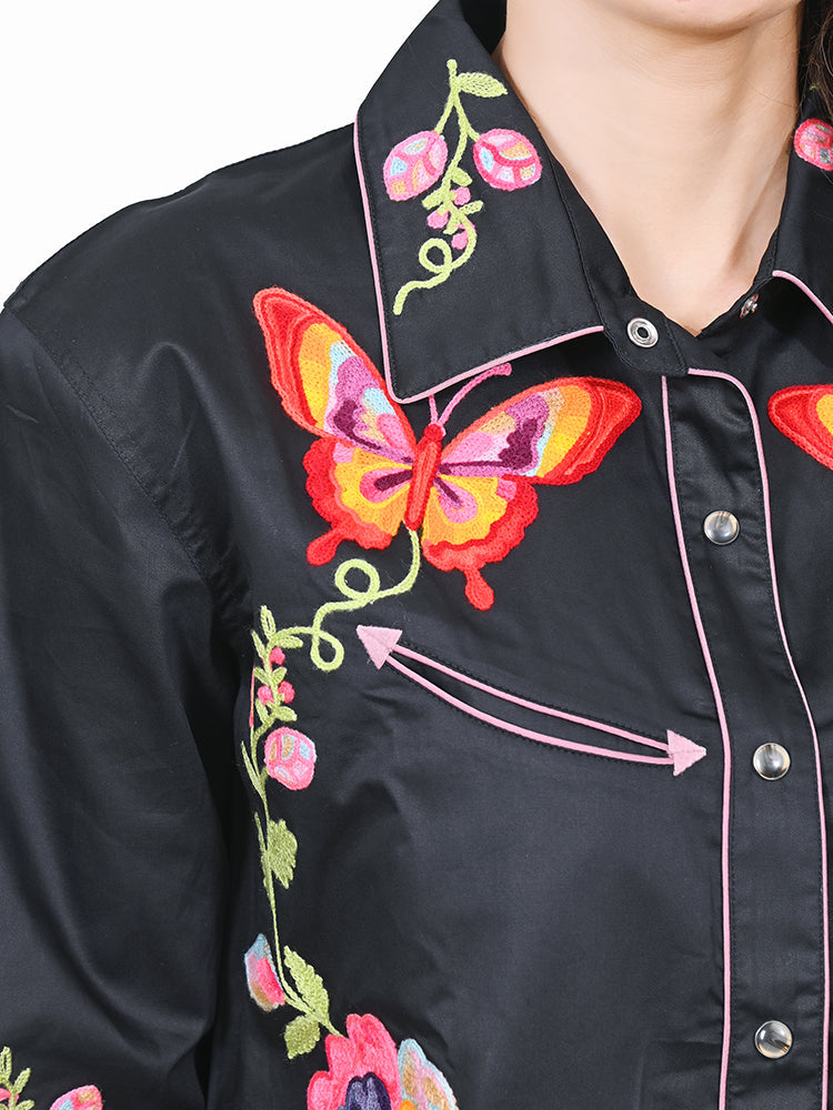 American Darling Western Apparel for Women Black Satin Cotton Shirt with Vibrant Floral & Butterfly Hand-Stitched Embroidery