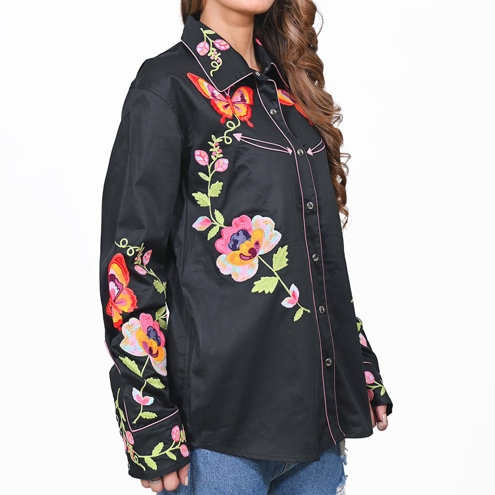 American Darling Western Apparel for Women Black Satin Cotton Shirt with Vibrant Floral & Butterfly Hand-Stitched Embroidery