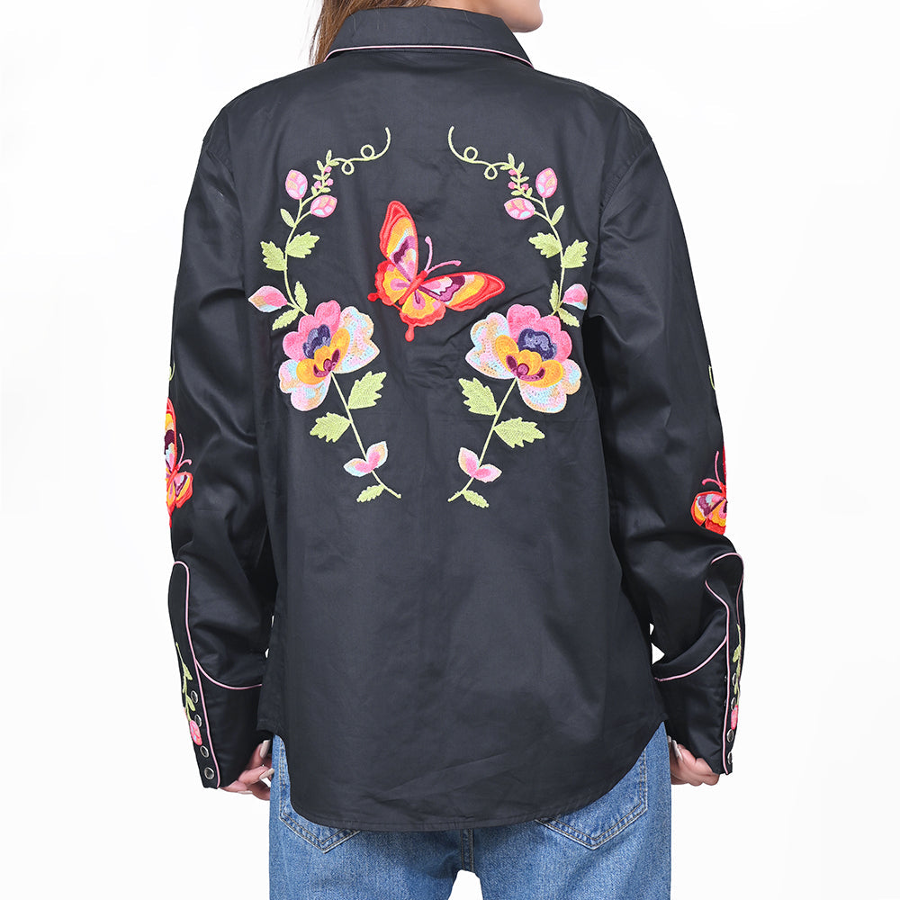 American Darling Western Apparel for Women Black Satin Cotton Shirt with Vibrant Floral & Butterfly Hand-Stitched Embroidery