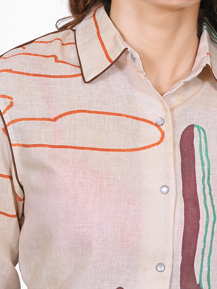 American Darling 100% Linen Western Printed Shirt – Desert Graphic Button Down Long Sleeve Top
