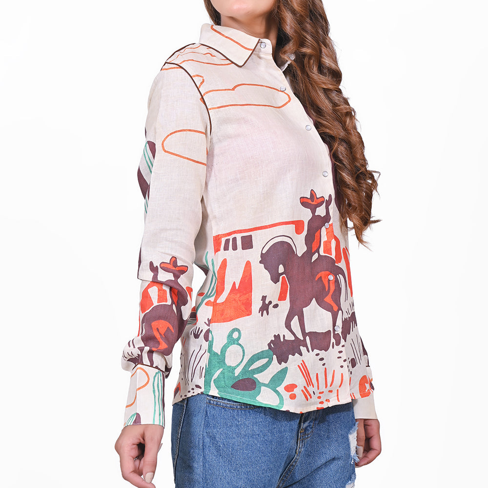 American Darling 100% Linen Western Printed Shirt – Desert Graphic Button Down Long Sleeve Top