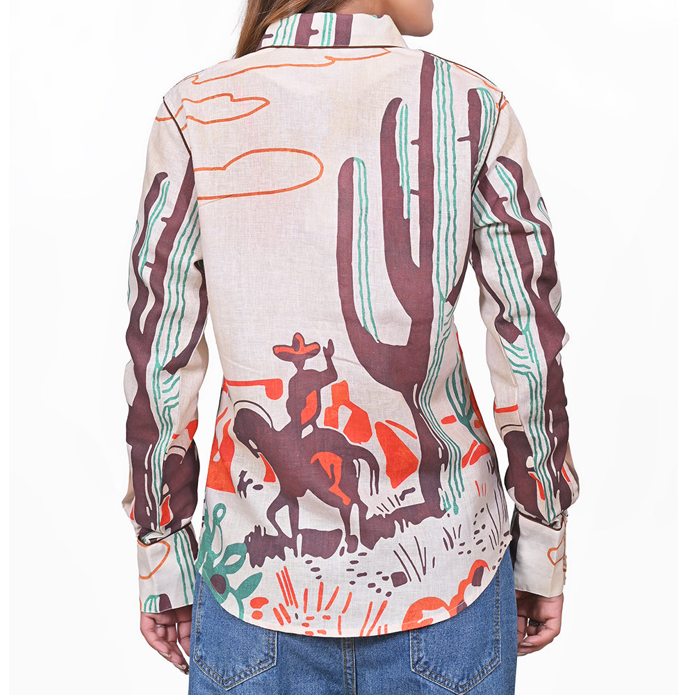 American Darling 100% Linen Western Printed Shirt – Desert Graphic Button Down Long Sleeve Top