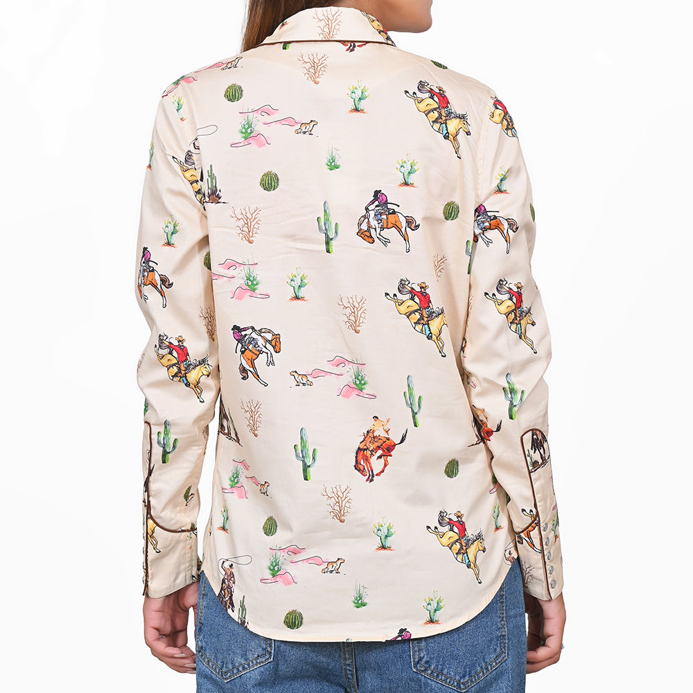 American Darling 100% Satin Cotton Western Shirt – Cream Rodeo Bronco Print Button Down Top
