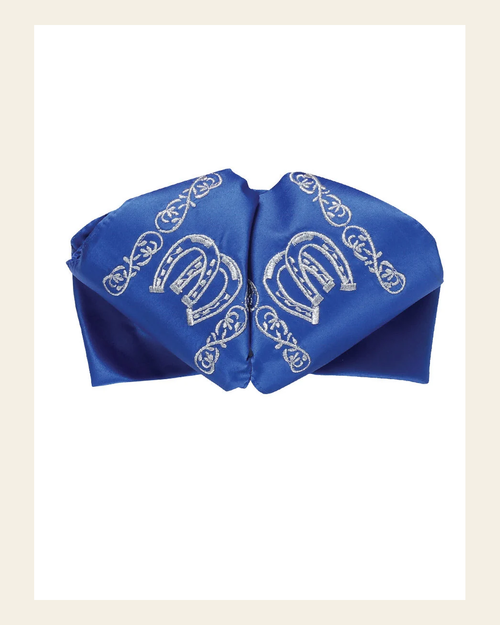 Adult Mexican Charro Bow Tie 100% Polyester Royal Blue/Silver 601600 on a warm cream background