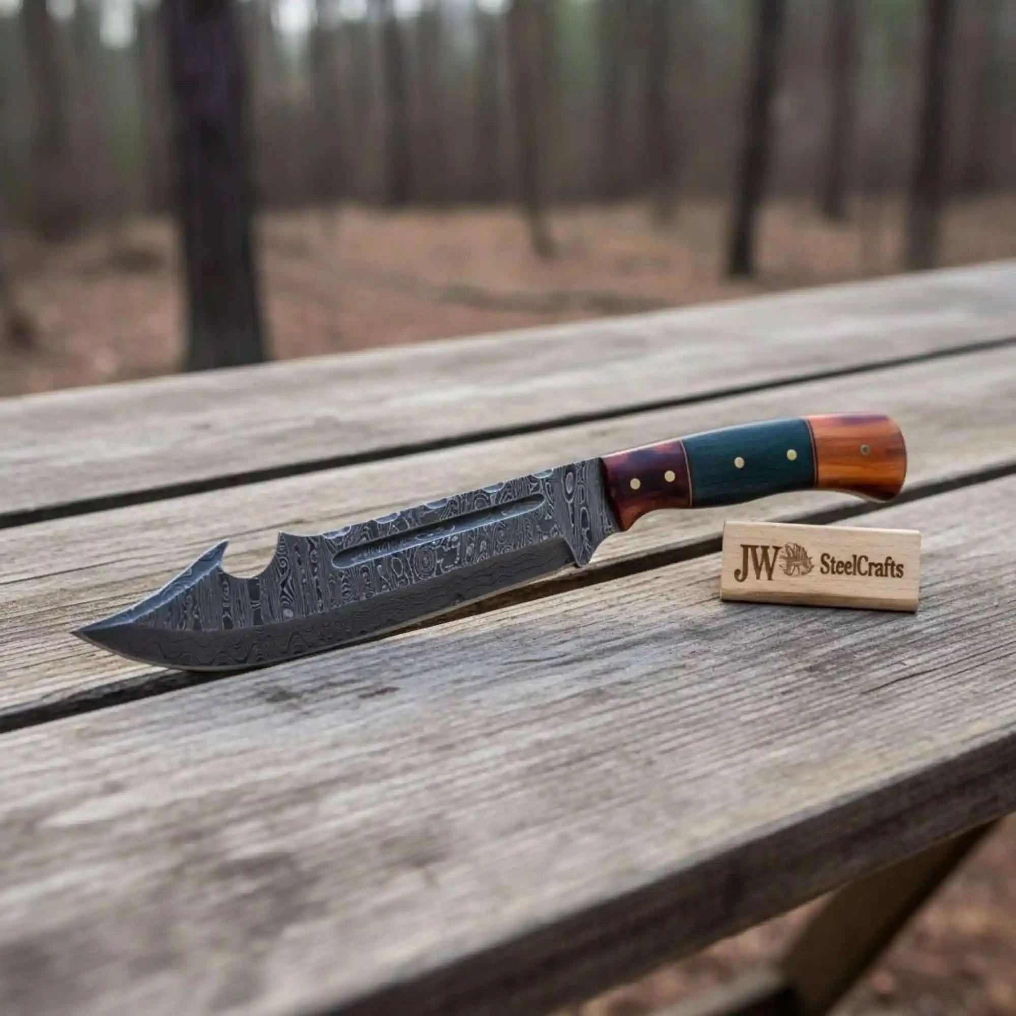 Handcrafted Damascus Harpoon Point Bowie Knife with Colored Bone Handle