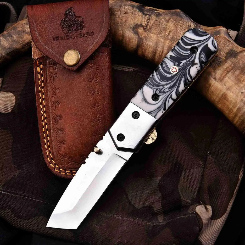Hand-Forged Marble Resin Pocket Knife With Stainless Steel Blade