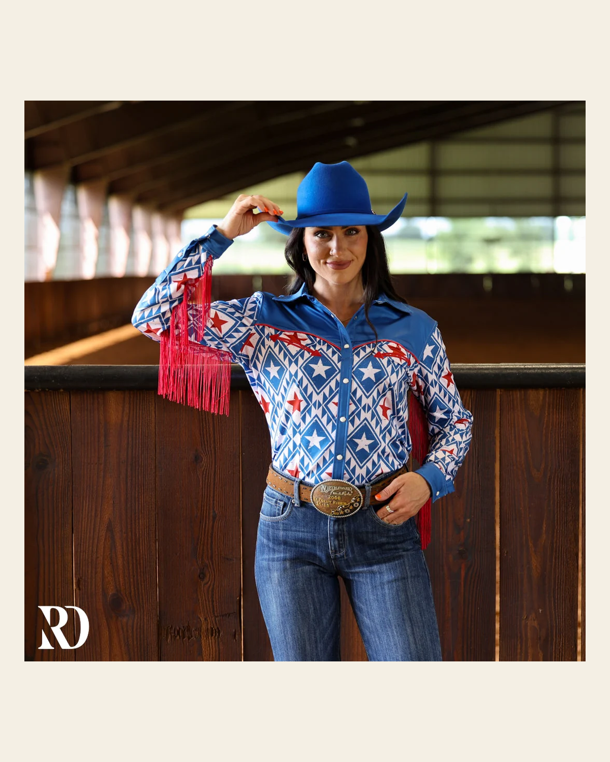 All American Fringe Rodeo Performance Rodeo Shirt on a warm cream background