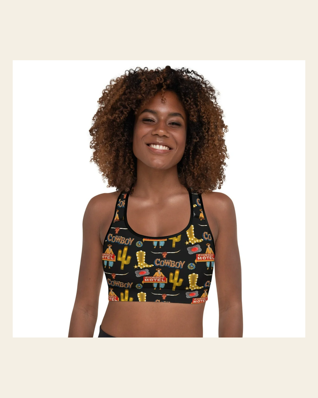 All Cowboy Padded Sports Bra on a warm cream background