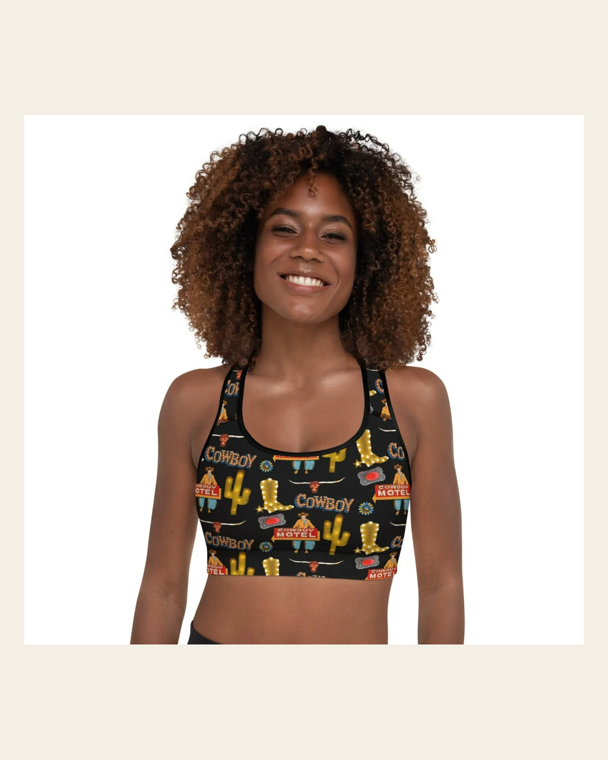 All Cowboy Padded Sports Bra on a warm cream background