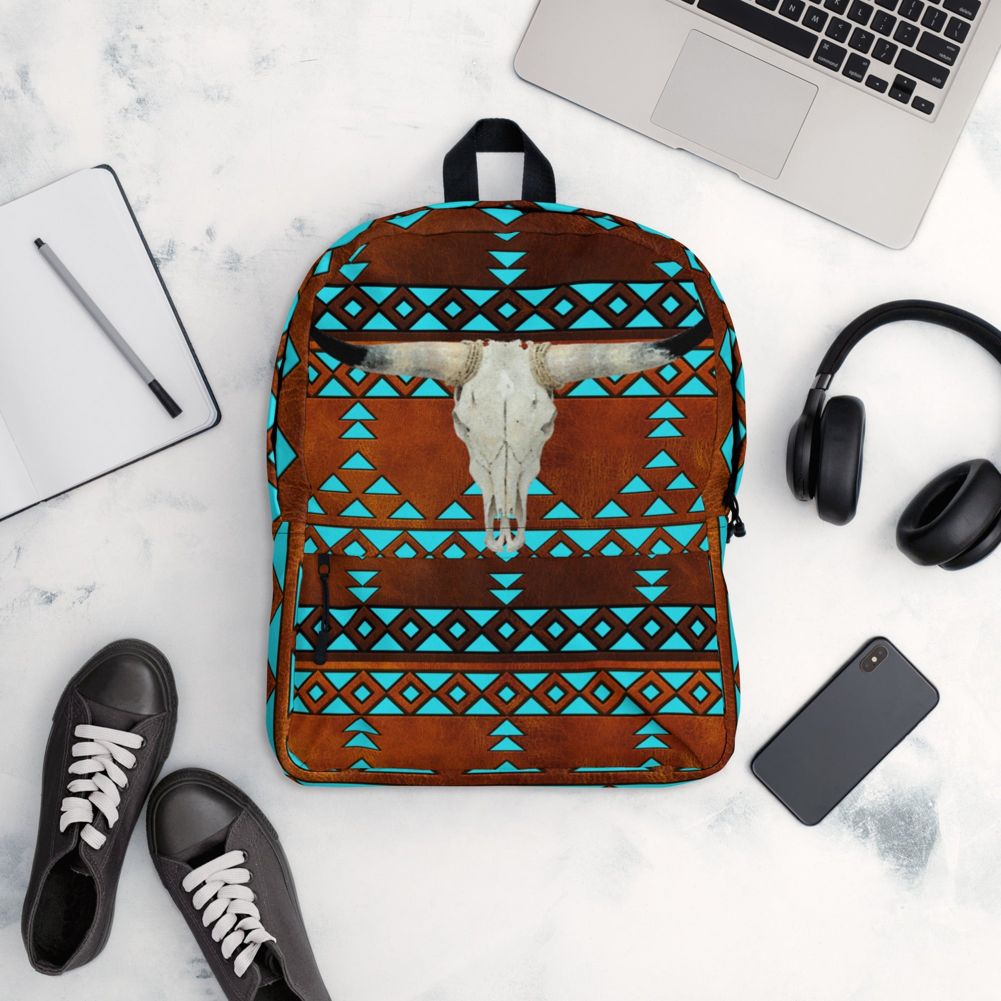 Turquoise Aztec Bull Skull Backpack by Baha Ranch Western Wear