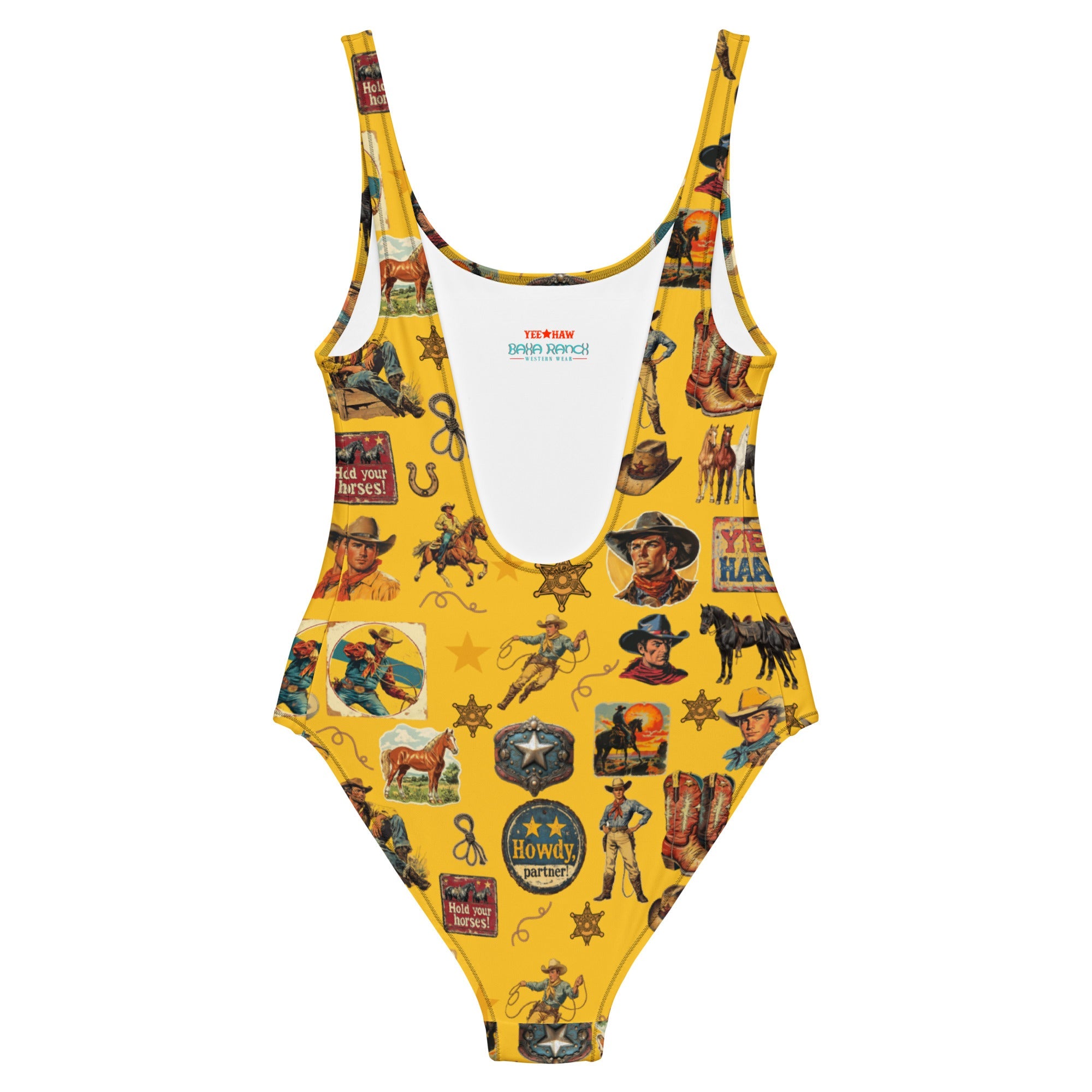 Baha Ranch Yeehaw Vintage Cowboy Collage Mustard One-Piece Swimsuit by Baha Ranch Western Wear - product image 2