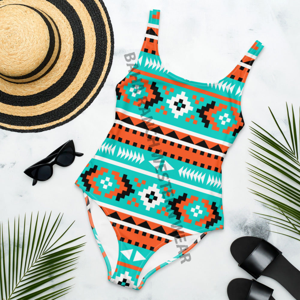 Baha Ranch Yeehaw Turquoise Orange Aztec One-Piece Swimsuit by Baha Ranch Western Wear