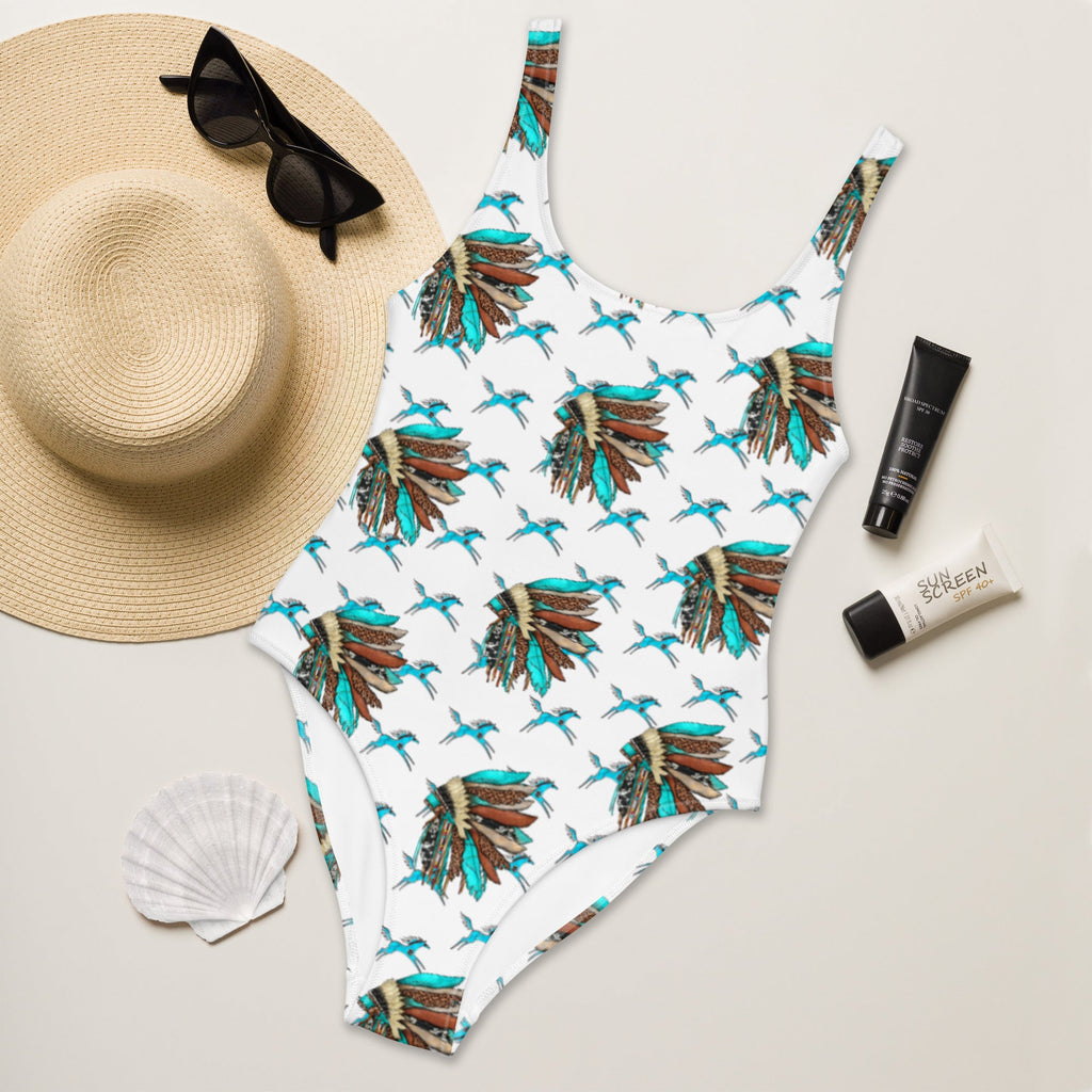 Baha Ranch Yeehaw Turquoise Running Horse Headdress One-Piece Swimsuit by Baha Ranch Western Wear