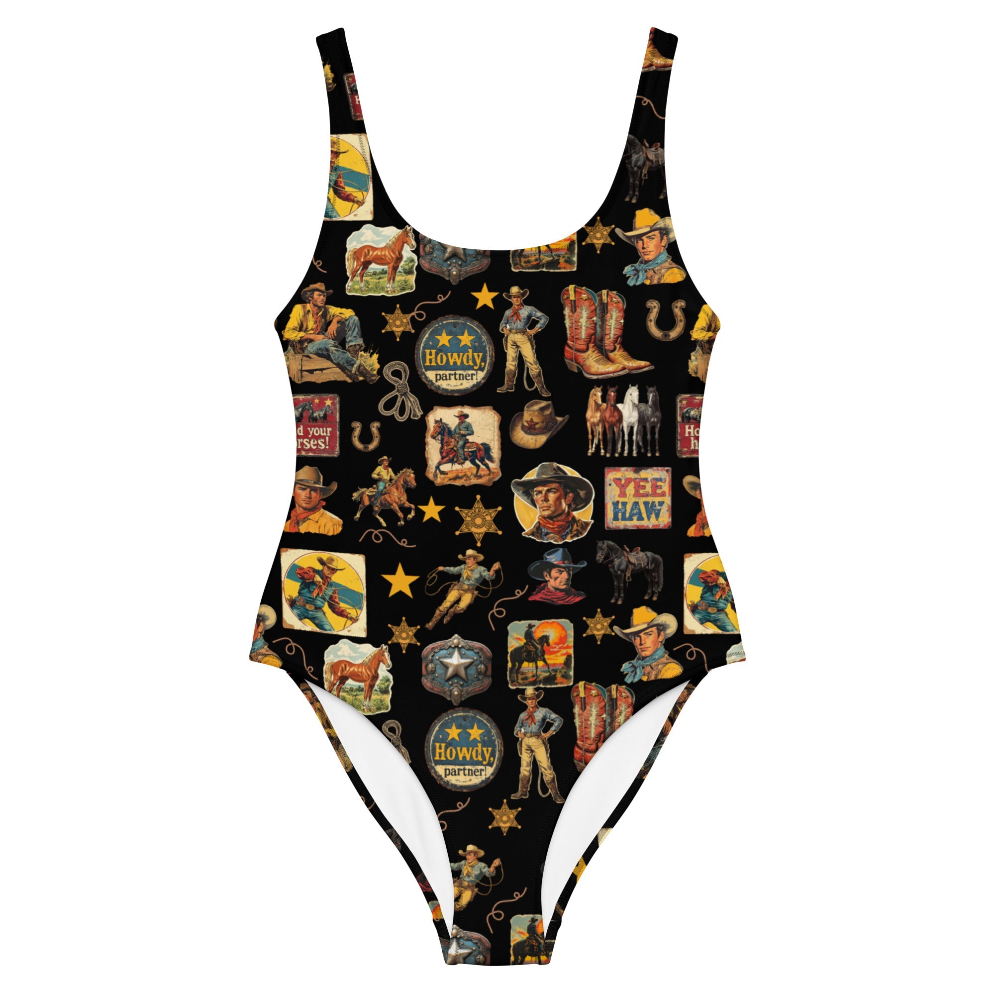 Baha Ranch Yeehaw Vintage Cowboy Collage Western One-Piece Swimsuit by Baha Ranch Western Wear