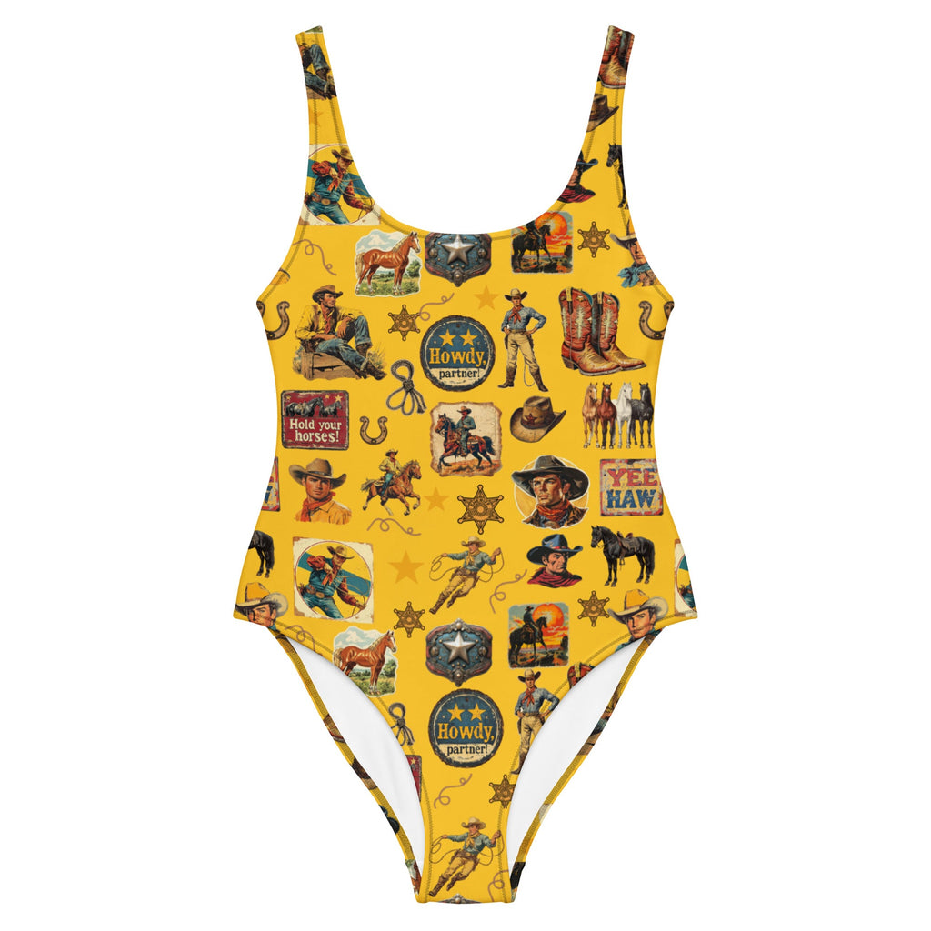 Baha Ranch Yeehaw Vintage Cowboy Collage Mustard One-Piece Swimsuit by Baha Ranch Western Wear