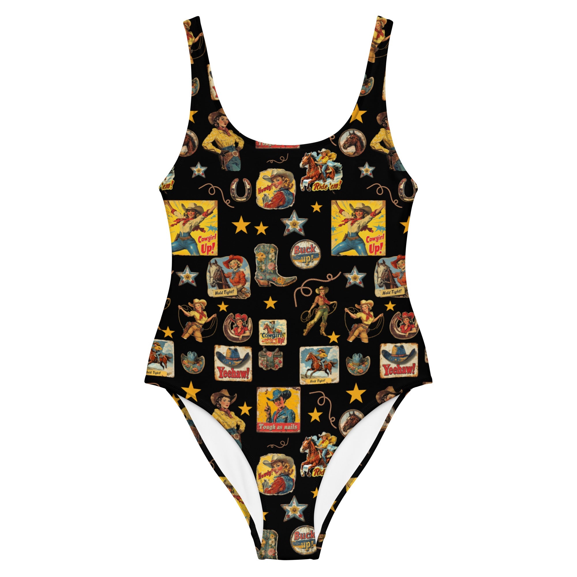 Baha Ranch Yeehaw Vintage Cowgirl Collage One-Piece Swimsuit by Baha Ranch Western Wear